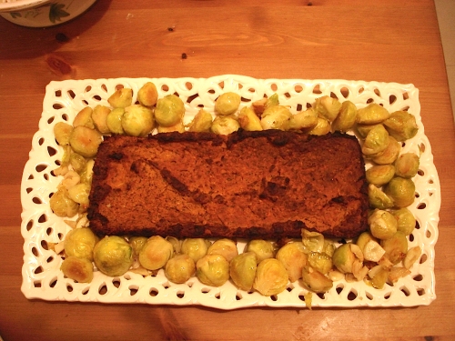 Yummy Tofu Loaf with oven-roasted brussel sprouts
